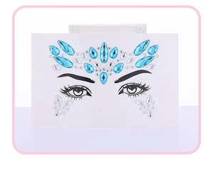 Close-up of blue and silver crystal face jewels set for party and stage makeup