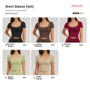 U-neck short sleeve and cross waist leggings set shown in five different yoga wear colors