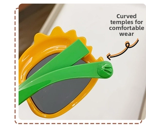 Detail of curved temples on yellow dinosaur sunglasses for kids to wear comfortably