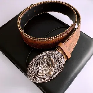 Vintage brown embossed leather belt with oversized 3D rose buckle and metal bead edges