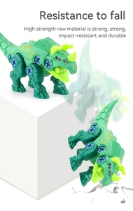 Detail of green triceratops building toy showing blue screws and impact resistance