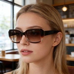 Close-up of stylish gradient brown oversized sunglasses worn by a model in a cafe