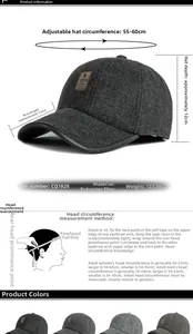 Detailed size specifications for winter herringbone baseball cap with adjustable strap