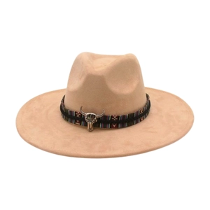 Detail of beige wide brim fedora with ethnic woven band and metal bull skull pendant