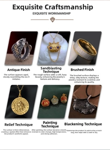 Detailed view of jewelry craftsmanship including sandblasting, relief, and enamel plating