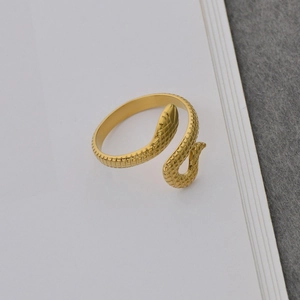 Unisex gold snake-shaped adjustable open ring in polished stainless steel with scale texture