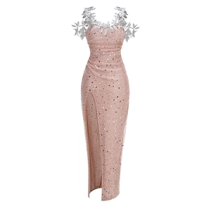 Elegant champagne pink sequin evening dress with lace leaves and high side slit