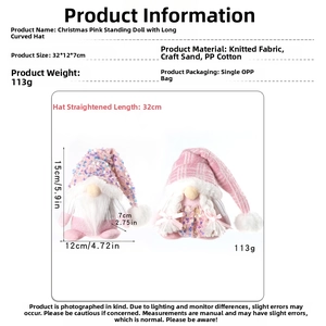 Detail showing pink sequined Christmas gnome plush with knitted hat and braid detail