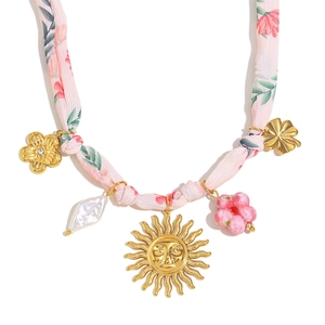 18K gold-plated necklace with sun face charm, pearls, and pink floral fabric band