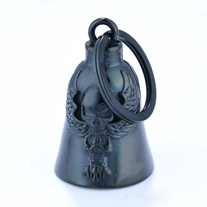 Stainless steel guardian bell pendant featuring a winged skull and motor engine design