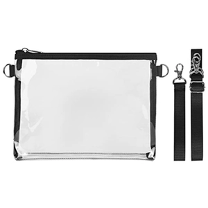 Transparent PVC crossbody bag with black trim and adjustable nylon shoulder straps