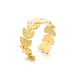 French style 18K gold plated stainless steel open ring with laurel leaf design