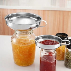 Set of two stainless steel wide mouth canning funnels with side handles for jam jars