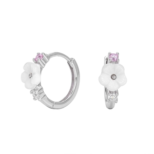 Detail of S925 silver hoop earrings with white flowers, pink gem, and clear zircon accents