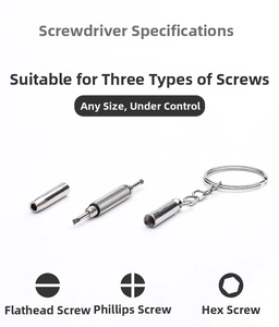 Three-in-one silver metal keychain screwdriver set for slotted, phillips and hex screws
