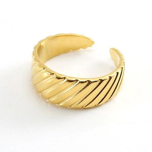 18k gold plated stainless steel open ring with vertical ribbed texture and adjustable fit