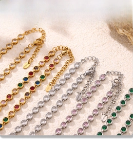 Close-up of colorful zircon stainless steel bracelets with PVD gold and silver plating