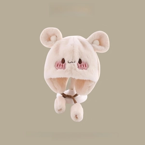 Detailed view of plush beige baby earflap hat with cute animal ears and soft fur texture