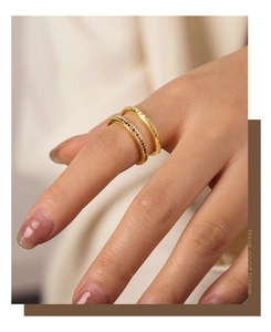 Detail of double-layered gold copper rings with diamonds shown in a layered style