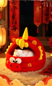 Macro detail of plush red semi-enclosed pet bed with gold horns and festive embroidery