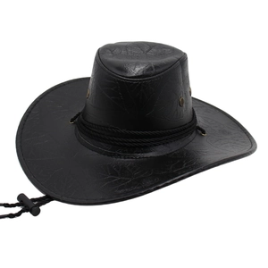Black western cowboy hat with leaf embossing and adjustable windproof rope