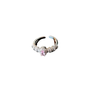 Pink zircon flower heart open ring with silver finish and adjustable geometric design