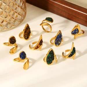 French vintage stainless steel open rings with colorful natural stones and gold plating