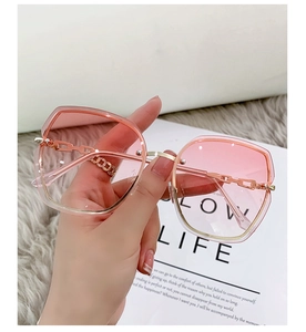 Detail of pink gradient oversized rimless sunglasses with metal chain link temples
