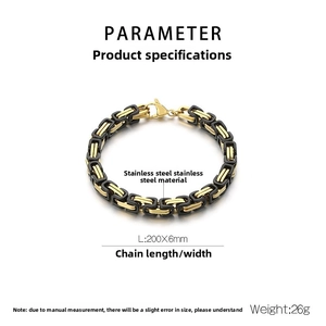 Detail view of 6mm Byzantine stainless steel chain with gold and black link parameters