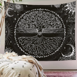 Detailed view of Tree of Life tapestry with sun and moon patterns in a cozy bedroom setting