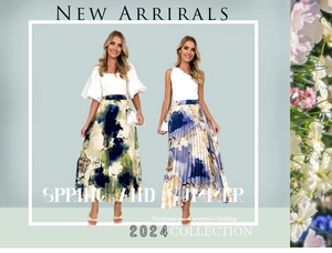 Detail view of high-waisted pleated midi skirts with artistic oil painting abstract prints