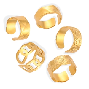 Five-piece set of gold-plated titanium steel rings featuring geometric textured designs