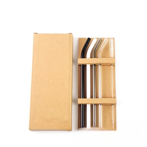 Five-piece set with four colored bent glass straws and cleaning brush in kraft box