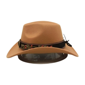 Close-up of khaki felt cowboy hat with bohemian floral embroidered band detail