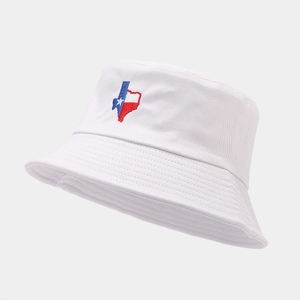 White cotton bucket hat with Texas state map embroidery and sun protection brim