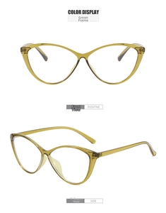 Front and 45-degree angle views of translucent olive green cat-eye glasses frames
