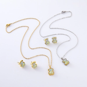 Resin colorful bear necklace and earrings jewelry set in gold and silver finishes