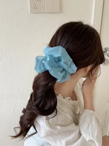 Dettaglio di un grande elastico per capelli in mesh blu indossato su una coda alta