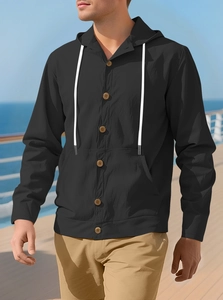 Men's black linen hooded shirt featuring wooden buttons and white drawstrings on a boat deck