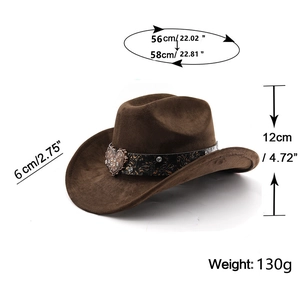 Brown faux suede cowboy hat showing dimensions 56-58cm with paisley band and heart buckle