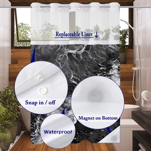 Detail of waterproof marble shower curtain with snap-in liner and weighted magnets