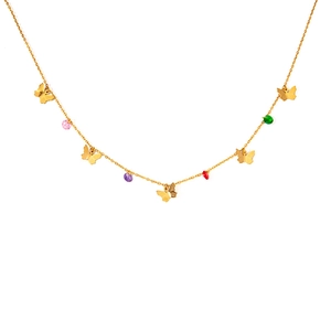 Detail of gold butterfly necklace with vibrant pink, purple, red, and green zircons