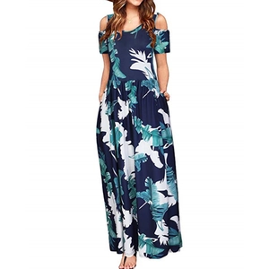 Cold-shoulder maxi dress in navy blue with green leaf print and handy side pockets