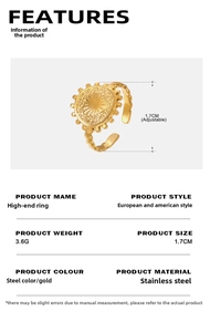 Detailed specs of adjustable 18K gold plated stainless steel sunburst heart ring