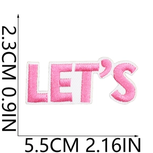Detail of pink embroidered patch with LET'S text and white border, measuring 5.5cm by 2.3cm