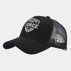 Detail of Force New York 1985 embroidery on black breathable mesh trucker cap