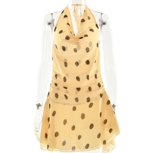 Summer halter polka dot mini dress in light yellow with backless vacation style