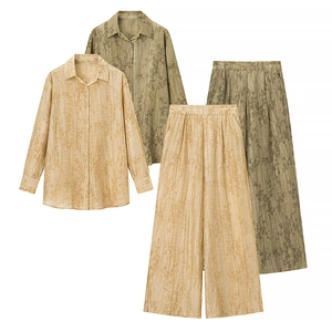 Women Jacquard Floral Shirt And Wide Leg Pants Casual Long Sleeve Button Down Loungewear Vintage Streetwear