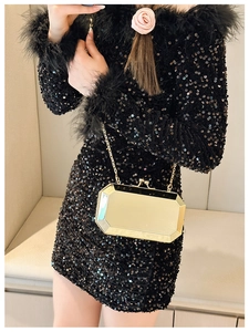Close-up of gold geometric acrylic box clutch with metal chain and sequin feather dress