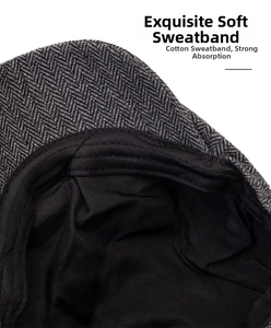Detail of grey herringbone fabric cap featuring a soft black cotton sweatband inside